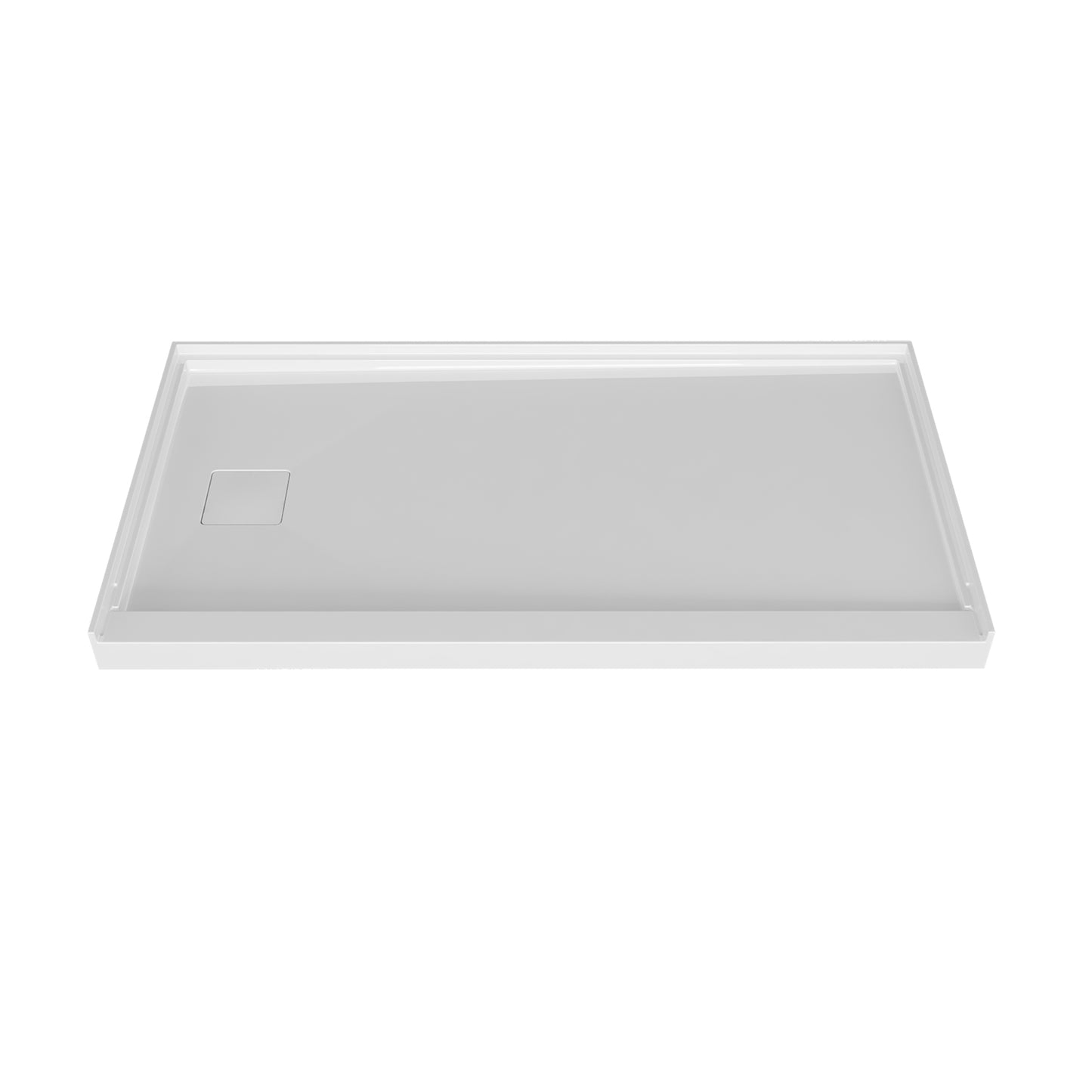 Shower base 60 x 32, in alcove, in glossy white (right, left and center drain)