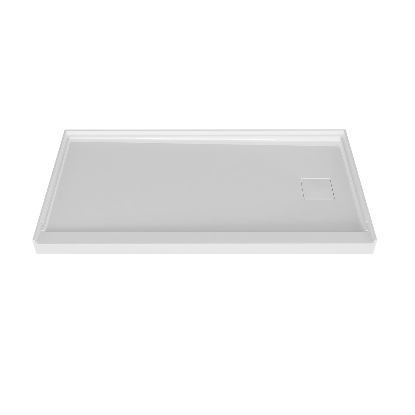 Shower base 60 x 32, in alcove, in glossy white (right, left and center drain)